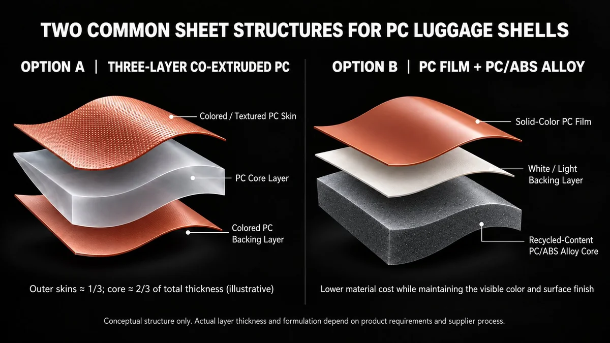 Two common sheet structures for PC luggage shells: Option A, three-layer co-extruded PC with coloured skins and a PC core; Option B, solid-colour PC film over a white backing layer and a recycled-content PC/ABS alloy core