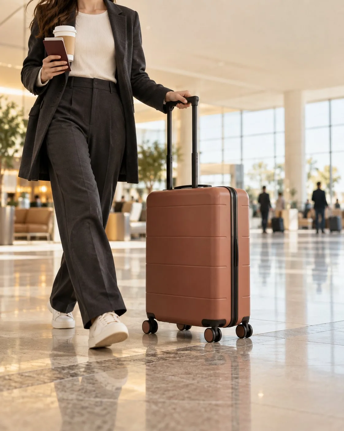 A traveller pulling a carry-on through an airport terminal — the real usage scenario a test is supposed to represent